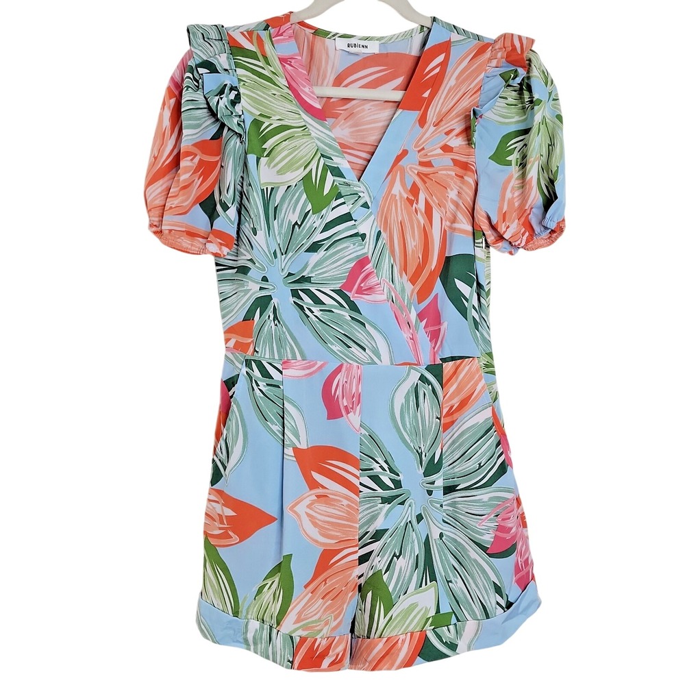 Rubienn Women's Tropical Romper M Floral Puff Sleeve V Neck Pockets Resort